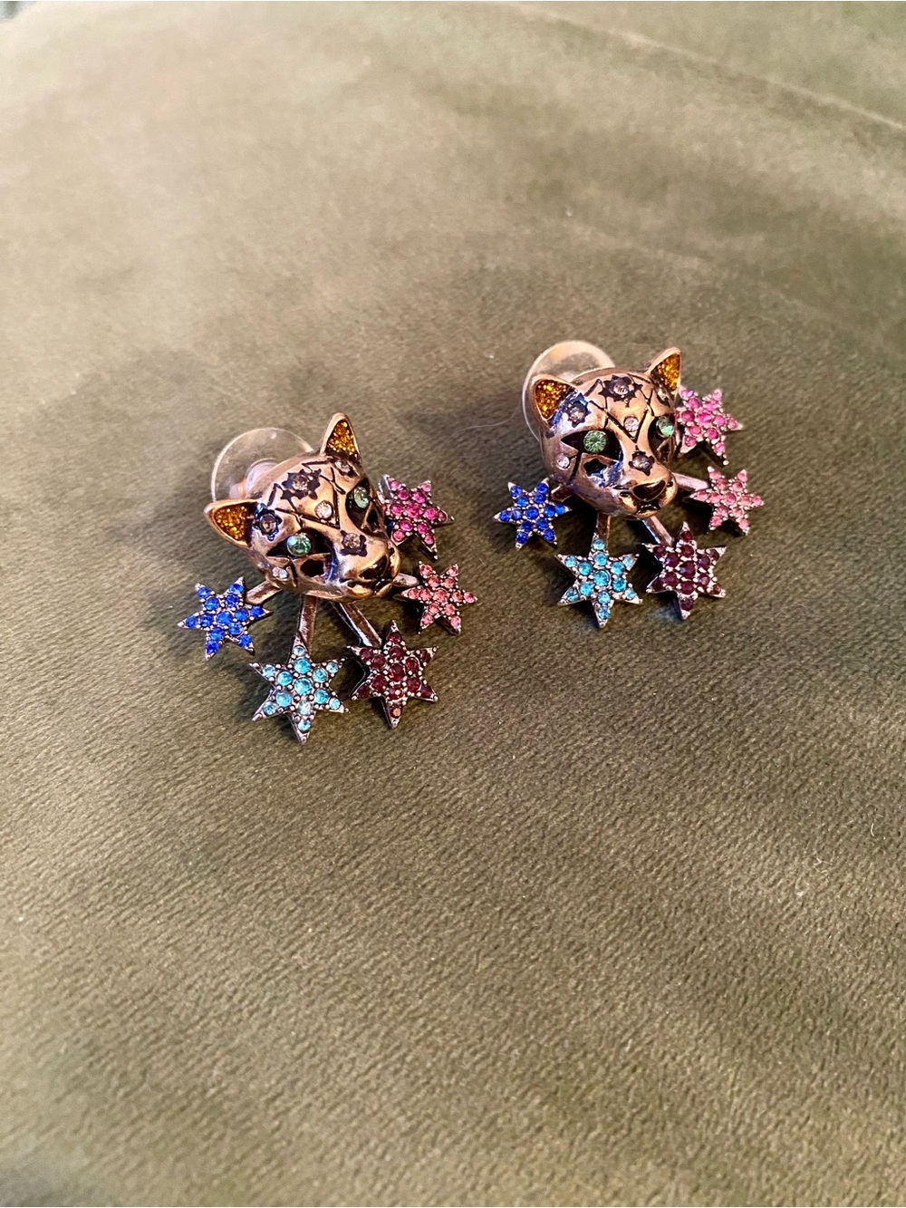Crystal Cat Head Stud Earrings with Adjustable Star Cluster Charms